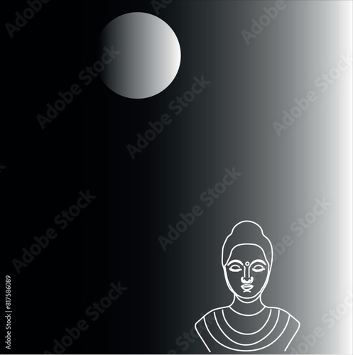 Enlightened Buddha, meditating face, Buddha Purnima, Vesak Day, peaceful smiling buddha. moon and Enlightened Buddha.moon