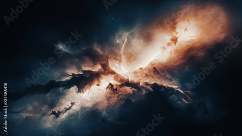 A dramatic sky  where dark  ominous clouds are illuminated by an intense  ethereal light  creating a mysterious and majestic atmosphere.