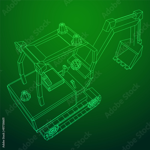 Heavy equipment excavator machine manufacturing power equipment for open pit mining. Wireframe low poly mesh vector illustration
