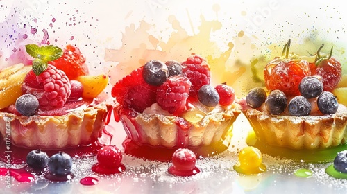 Delicious berry tarts with blueberries and raspberries on colorful background