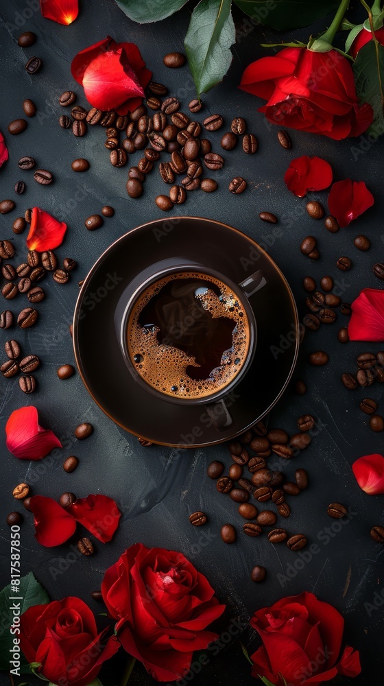 A cup of coffee atop a saucer, encircled by coffee beans and roses, with two red roses nearby A cup of coffee atop a saucer, encircled by coffee beans and roses, with two red roses nearby