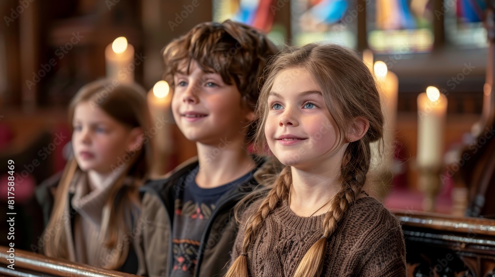A group of young children stand before a candlelit church altar, candles flickering in the background A group of young children stand before a candlelit church altar, candles flickering in the background
