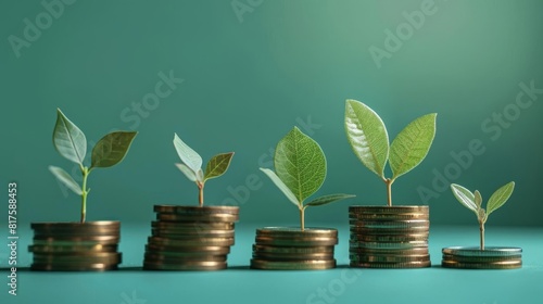 Coin stacks arranged to symbolize growth, set against a green screen backdrop, conceptual with a freshtone background photo