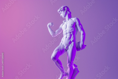 3d rendering of ancient  greek -roman  statue art  figure posture  . Creative concept colorful neon image with bright and violet or purple color background  fashionable  trendy  isolated background