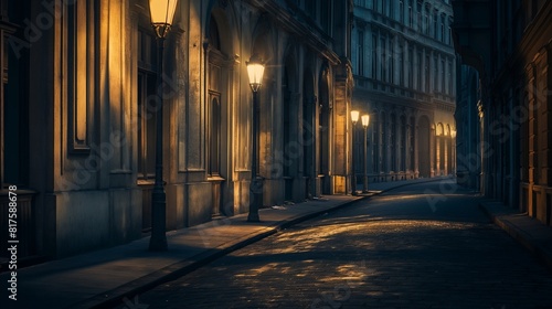 An abandoned city street at night  bathed in the light of street lamps  casting long shadows and highlighting the intricate architecture of empty buildings. 32k  full ultra HD  high resolution