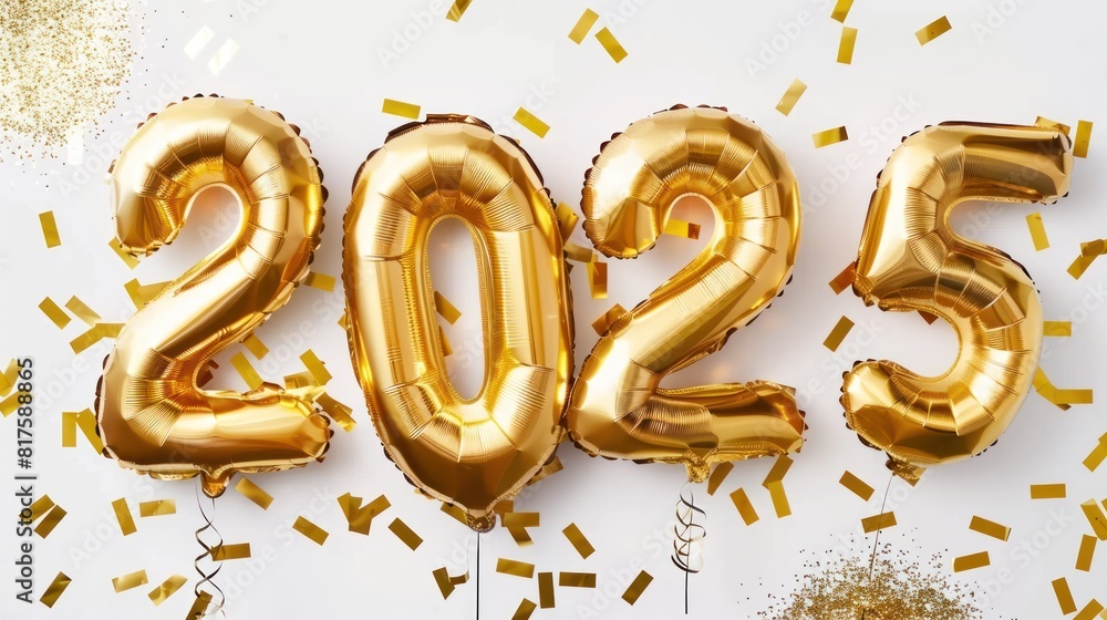 New Year 2025 gold foil balloons. Number 2025 from foil. Gold confetti and celebration. New Year 2025 gold foil balloons. Number 2025 from foil. Gold confetti and celebration.