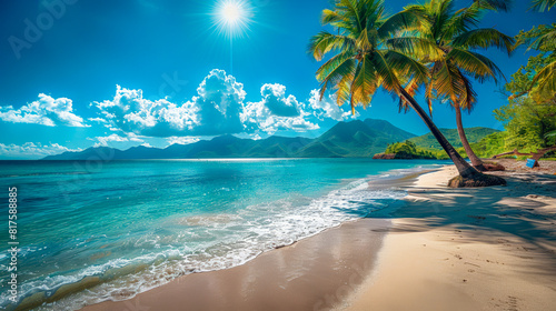 Idyllic paradise  tropical palm trees on the azure ocean under brilliant sunshine