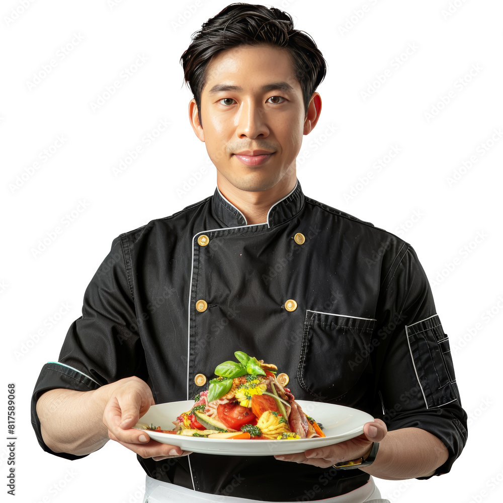 Asian male chef holding food on plate, transparent background Asian male chef holding food on plate, transparent background