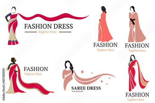 A set of Fashion vector logos with  female figures in saree dresses