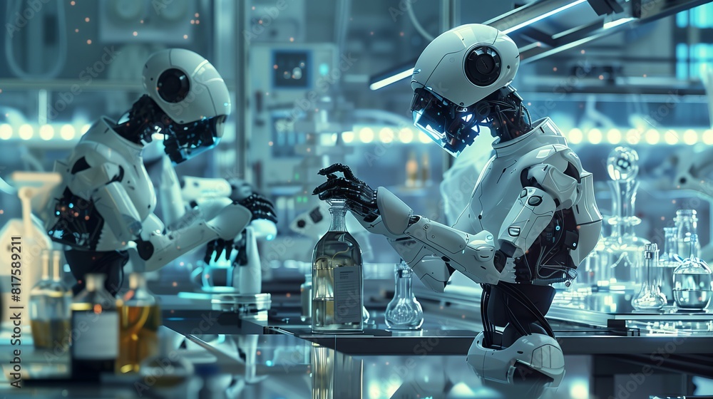 Scientists and robots collaborate in a lab to pioneer robotics advancements. Scientists and robots collaborate in a lab to pioneer robotics advancements.