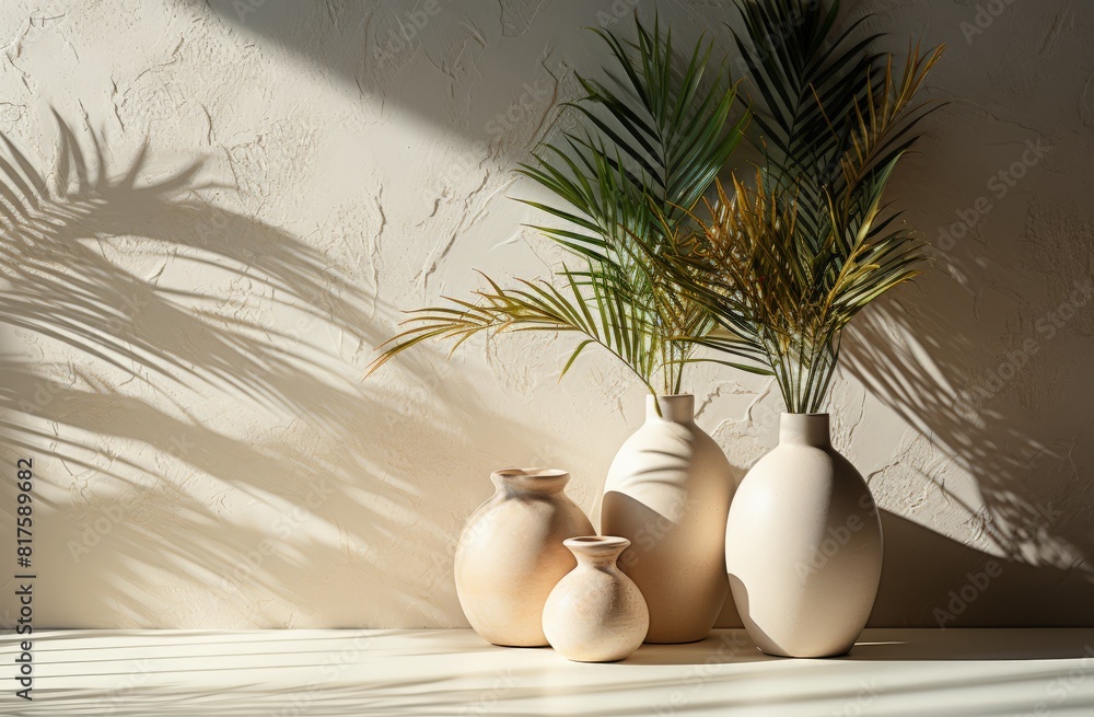 Elegant White Pottery Vases with Green Plants on Table Elegant White Pottery Vases with Green Plants on Table