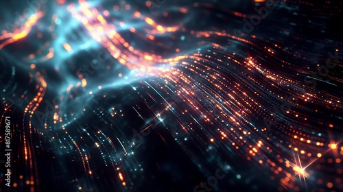 An abstract representation of data flowing through a digital network, depicted as streams of light in a dark, cyberpunk-inspired environment. 32k, full ultra HD, high resolution