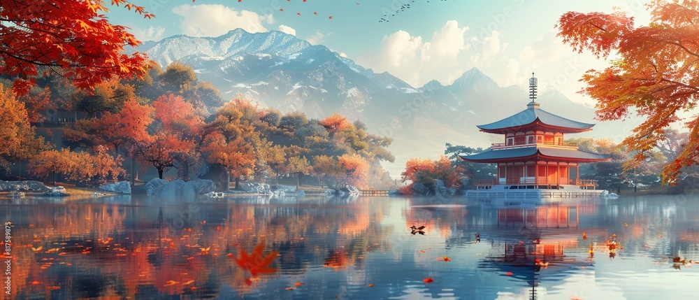 Obraz premium Oriental harmony in autumn A graphic scene of a Japanese landscape in autumn, showcasing dynamic colors and elegant ornaments that reflect the serene harmony of the season 8K , high-resolution, ultra 