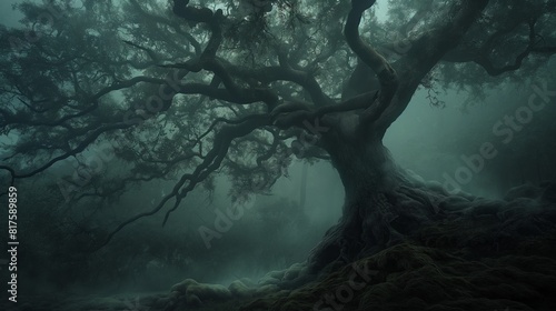 An ancient tree with sprawling roots in a dark  foggy forest  the tree s outline barely visible and giving an eerie  ancient feel to the landscape. 32k  full ultra HD  high resolution