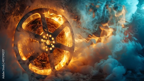 A film reel amidst flowing smoke, close-up shot that symbolizes the creative flair and dynamic energy of a Film Festival photo