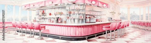 Capture the charm of a retro diner scene with checkered floors, red vinyl booths, and a jukebox,watercolor painting style  , The images are of high quality and clarity