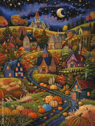  A painting of houses and pumpkins on a hill at night The full moon illuminates the scene, casting long shadows Stars twinkle in the sky above