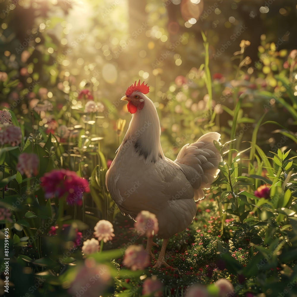 Fototapeta premium A white chicken stands in a pink-and-white flower field, its red comb atop its head
