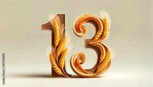 13 crafted from golden wheat, symbolizing abundance and celebration. Ideal for projects related to birthdays, Shavuot, or any special events occurring on the thirteenth day, themes of growth photo