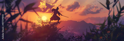 Twilight Sentinel: A Wuxia Hero perched atop Bamboo Shoots against Majestic Mountains photo