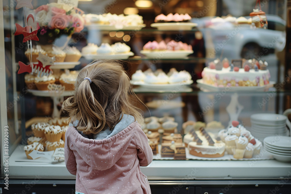 Back view of young child looking at various cakes through shopping window of pastry shop Back view of young child looking at various cakes through shopping window of pastry shop