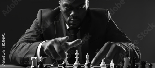 A man in a suit plays chess alone. Black and white photo.
