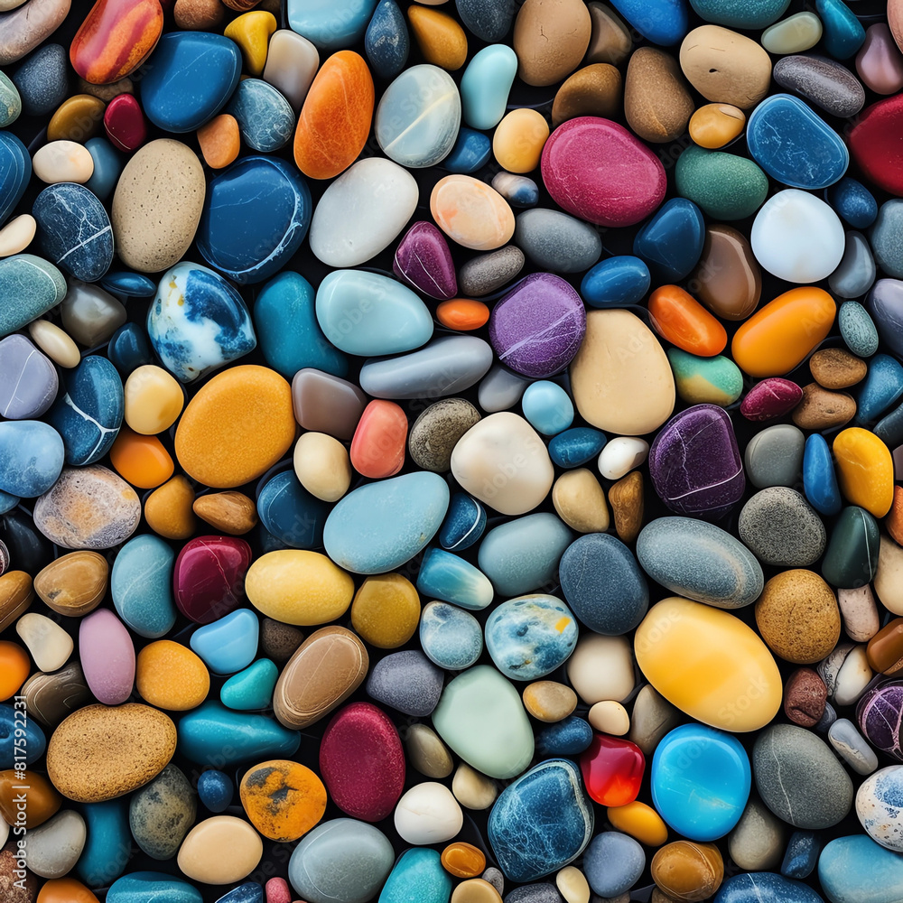 A vibrant pattern of colorful pebbles, arranged in an artistic composition that captures the beauty and diversity of natural stones A vibrant pattern of colorful pebbles, arranged in an artistic composition that captures the beauty and diversity of natural stones