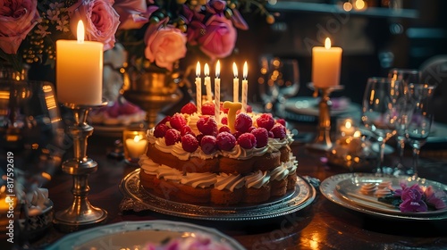 A captivating shot capturing the elegance of a cake adorned with candles molded into the shape of the number  17   creating a memorable centerpiece