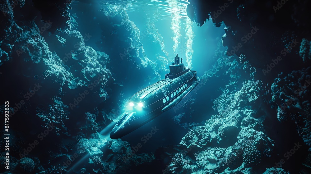 Obraz premium A deepsea exploration submarine caught in the beam of bioluminescent jellyfish as it navigates through an uncharted underwater canyondocumentary and magazine aesthetics style