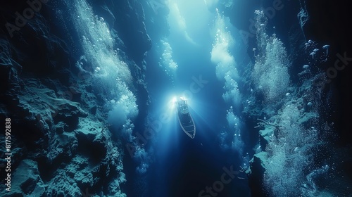 A deepsea exploration submarine caught in the beam of bioluminescent jellyfish as it navigates through an uncharted underwater canyondocumentary and magazine aesthetics style © patpongstock