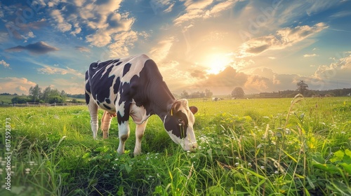  A black-and-white cow grazes in a lush green field under a sunny sky with clouds scattering sunlight