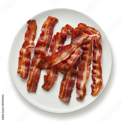  A white table bears a plate with bacon strips atop it Nearby, a cup of coffee and a glass of water sit in readiness