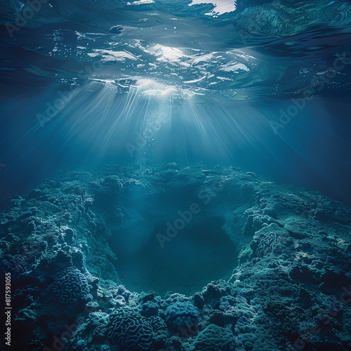 A surreal view of a deep-sea brine pool, its waters denser than the surrounding sea, creating a shimmering underwater lake effect.documentary and magazine aesthetics style photo