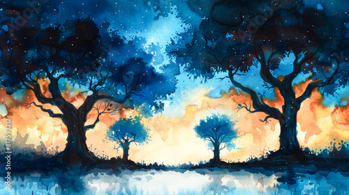 Magical Forest: Mystical trees in watercolor style