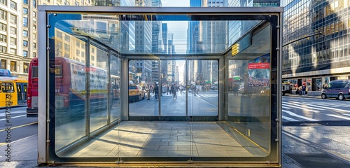 An empty transit shelter ad space in a bustling city center  its clear protective panels reflecting the city life around while waiting for an ad. 32k  full ultra HD  high resolution