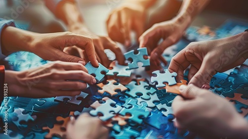 Teamwork and collaboration concept illustrated with hands assembling puzzle pieces. Symbolizing achievement and success through unity. photo