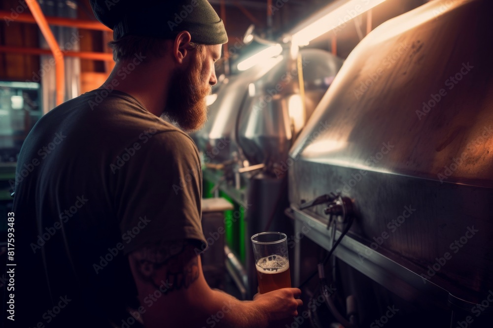 brewer looking in machinery at brewery