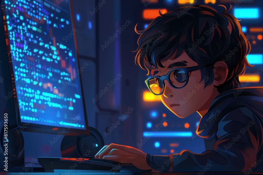 A boy is sitting in front of a computer screen, typing on a keyboard A boy is sitting in front of a computer screen, typing on a keyboard