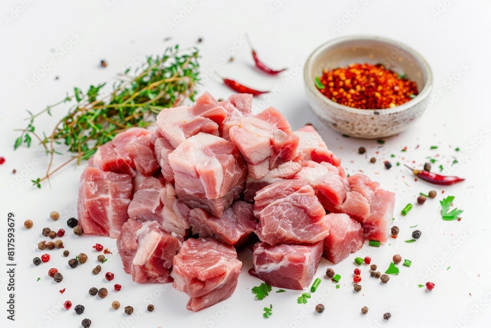 A heap of raw meat beside a white bowl filled with seasoning and a sprig of parsley A heap of raw meat beside a white bowl filled with seasoning and a sprig of parsley