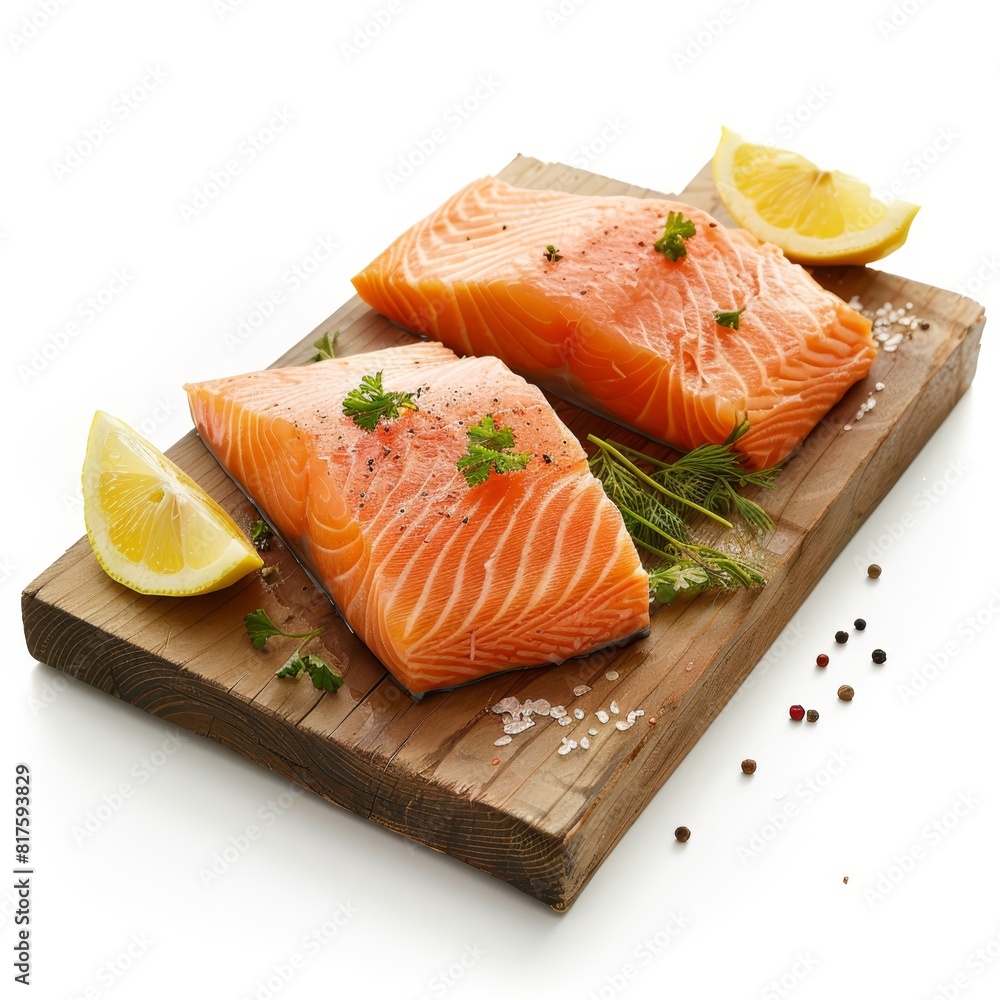 Two salmon fillets, raw, on a cutting board Lemon wedges and pepper to the side Two salmon fillets, raw, on a cutting board Lemon wedges and pepper to the side