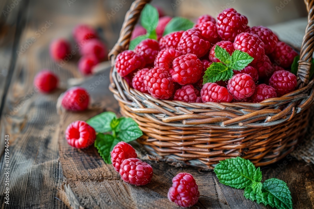 A wicker basket brimming with red raspberries rests atop a weathered wooden table Mint leaves decorate the surface, adding a refreshing aroma nearby A wicker basket brimming with red raspberries rests atop a weathered wooden table Mint leaves decorate the surface, adding a refreshing aroma nearby