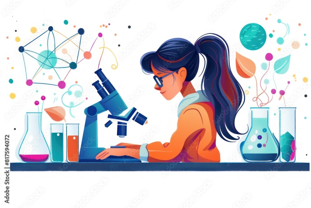 A woman is sitting at a desk with a microscope and a computer A woman is sitting at a desk with a microscope and a computer