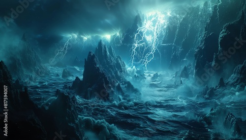 Magazinestyle photo of A mysterious deepsea scene with bioluminescent creatures illuminating the dark waters around a submerged mountain range