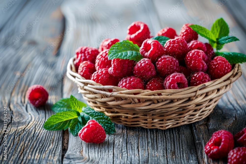A wicker basket brimming with ripe raspberries sits atop a weathered wooden table, its surface adorned with vibrant green foliage A wicker basket brimming with ripe raspberries sits atop a weathered wooden table, its surface adorned with vibrant green foliage