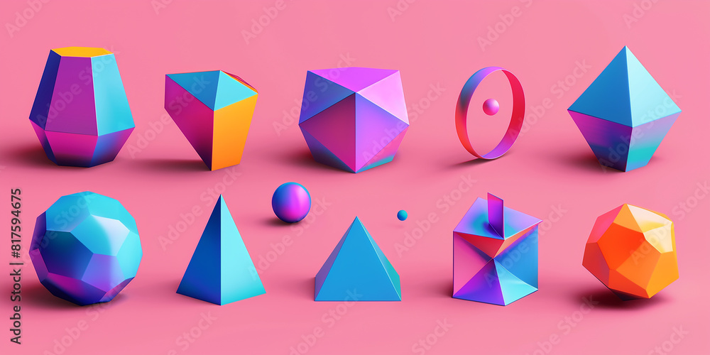 An assortment of bright and playful 3D shapes such as spheres, cubes, and pyramids displayed on a lively coral backdrop. Ideal for children's decor and educational visuals. An assortment of bright and playful 3D shapes such as spheres, cubes, and pyramids displayed on a lively coral backdrop. Ideal for children's decor and educational visuals.