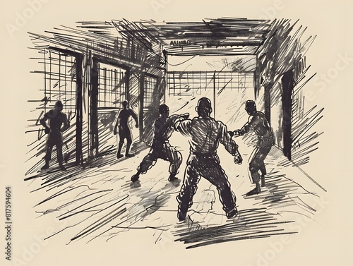 Break-in at a highly guarded location by Jeet Kune Do practitioners hand drawn collection in vintage black and white illustration style  photo