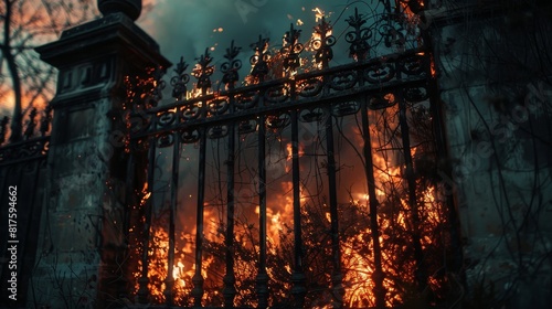 Dramatic close-up of a tall, eerie black gate with flames that whisper of the afterlife, creating an ethereal and haunting visual