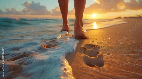 trail of female bare feet leaving a series of footprints in the sand photo