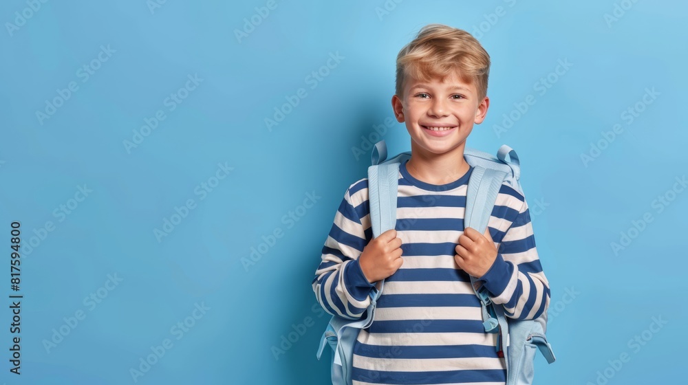A smiling little boy, carrying a backpack, faces a blue wall with another backpack behind him A smiling little boy, carrying a backpack, faces a blue wall with another backpack behind him
