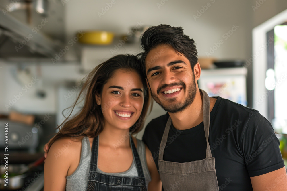 Smiling Young Hispanic Couple in Kitchen Cooking Together. Smiling Young Hispanic Couple in Kitchen Cooking Together.